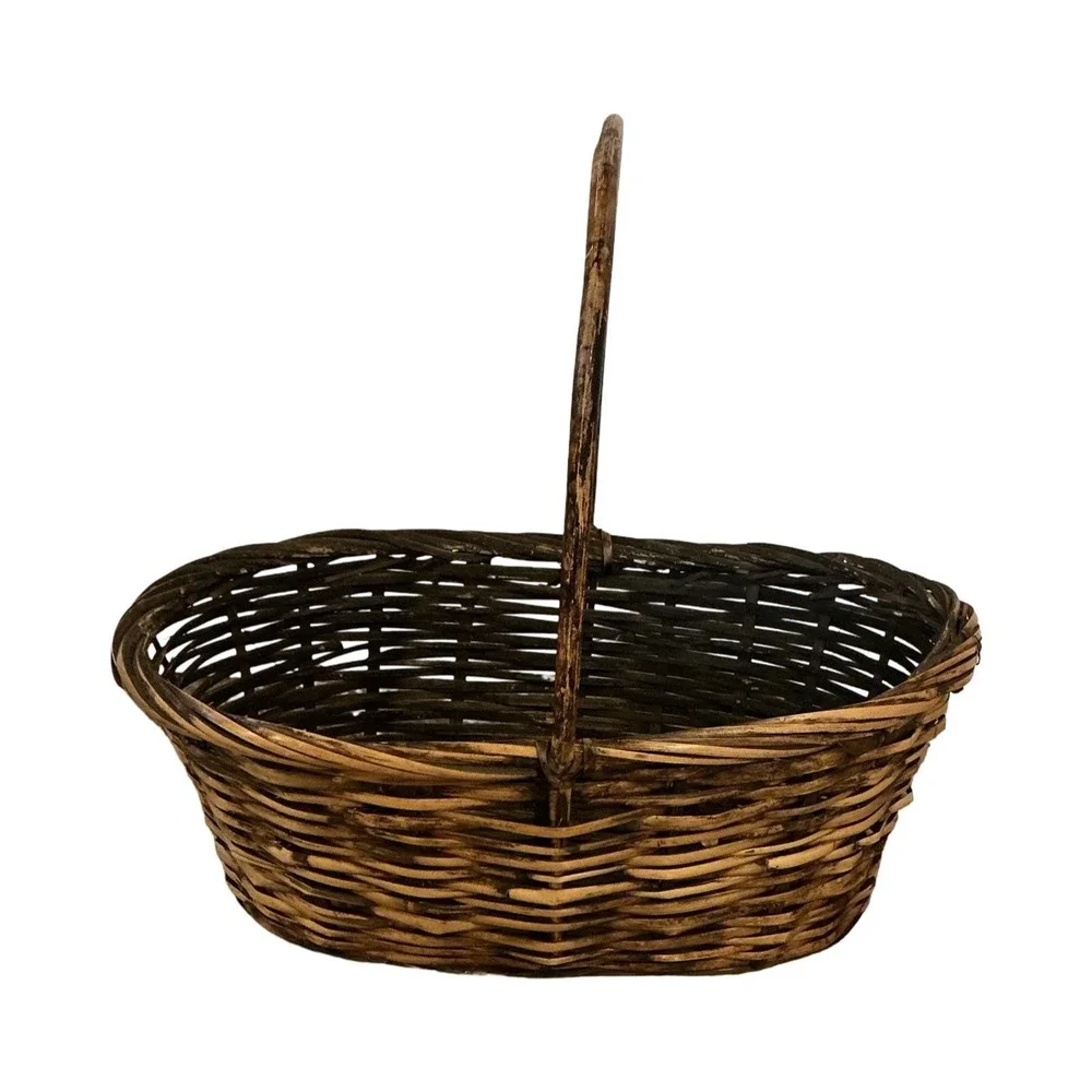 Vintage Wicker Gathering Basket Black Interior Farmhouse Rustic 15x8.75 x 15‎